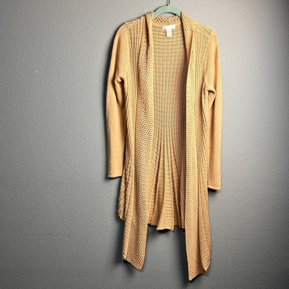 Kenar Tan Beige Pointelle Knit Open Front Waterfall Draped‎ Cardigan Sweater S